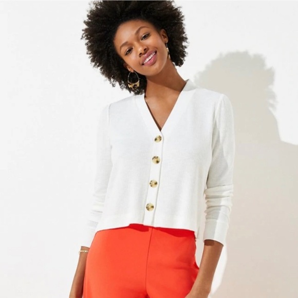 LOFT | Sweaters | Loft Ribbed Knit Cropped Long Sleeve Cardigan In White  Size Small | Poshmark